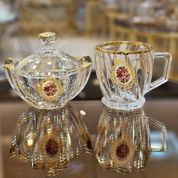 فنجان و قندان استیج لب طلا گل رز